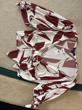 Express Burgundy and White Tie-Front Printed Blouse